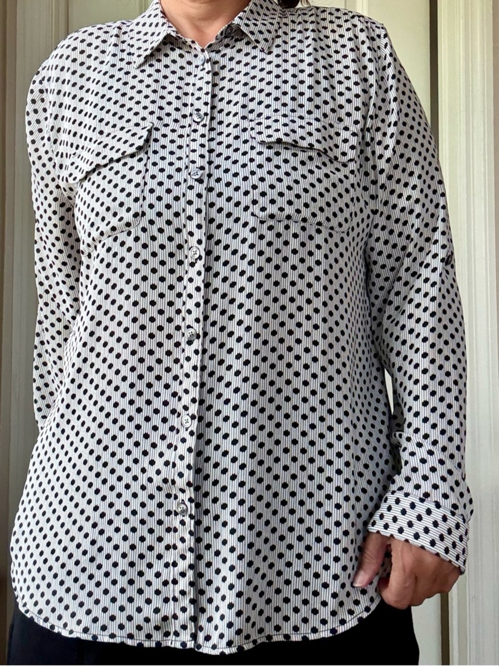 LOFT Black Dot Print Button-Up Top on White Ground